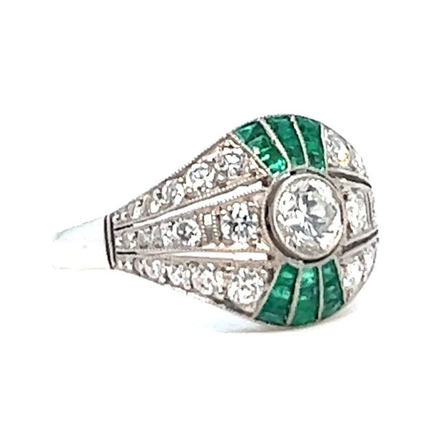 Art Deco Inspired Diamond Emerald Platinum Filigree Ring Rings Jack Weir & Sons   