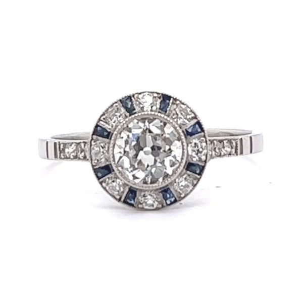 Art Deco Inspired Old European Cut Diamond Sapphire Platinum Halo Ring Rings Jack Weir & Sons   
