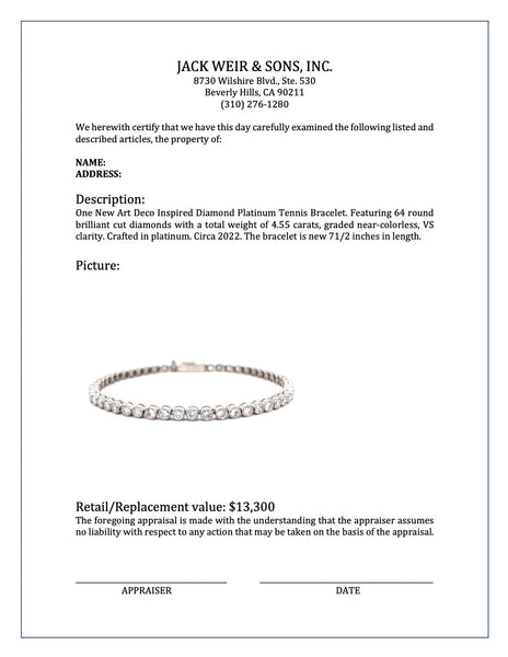 Art Deco Inspired 4.55 Carat Diamond Platinum Tennis Bracelet Bracelets Jack Weir & Sons   