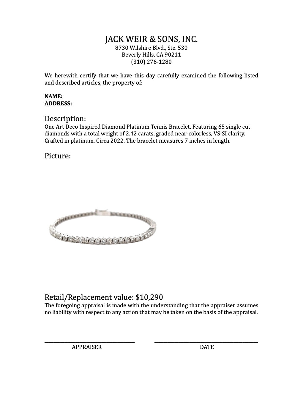 Art Deco Inspired 2.42 Carat Diamond Platinum Tennis Bracelet Bracelets Jack Weir & Sons   