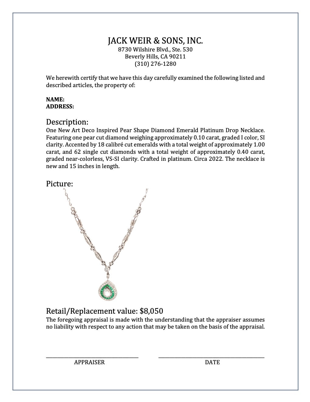 Art Deco Inspired 0.10 Carat Pear Shape Diamond Emerald Platinum Drop Necklace Necklaces Jack Weir & Sons   