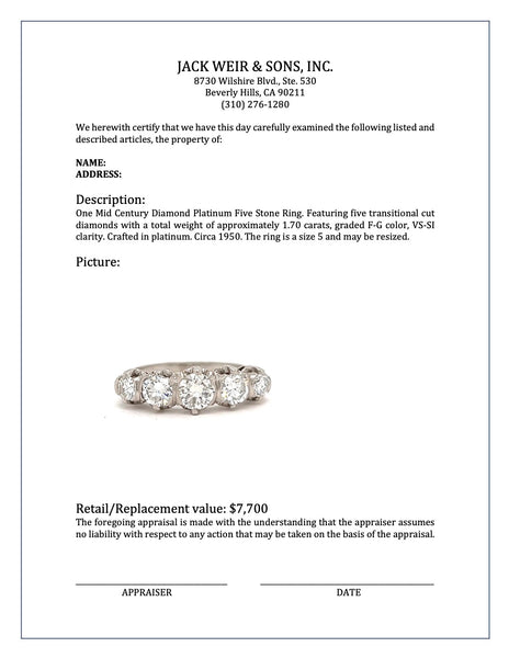 Mid Century 1.70 Carat Diamond Platinum Five Stone Ring Rings Jack Weir & Sons   