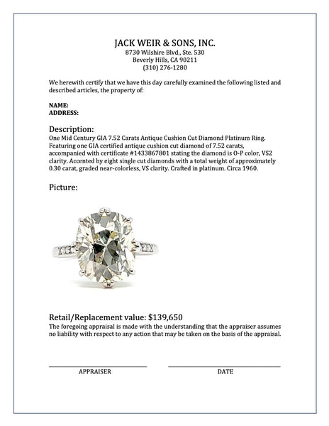 Mid Century GIA 7.52 Carats Antique Cushion Cut Diamond Platinum Ring Rings Jack Weir & Sons   