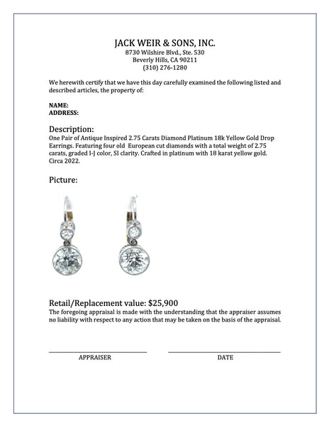 Antique Inspired 2.75 Carats Diamond Platinum 18k Yellow Gold Drop Earrings Jewelry Jack Weir & Sons   