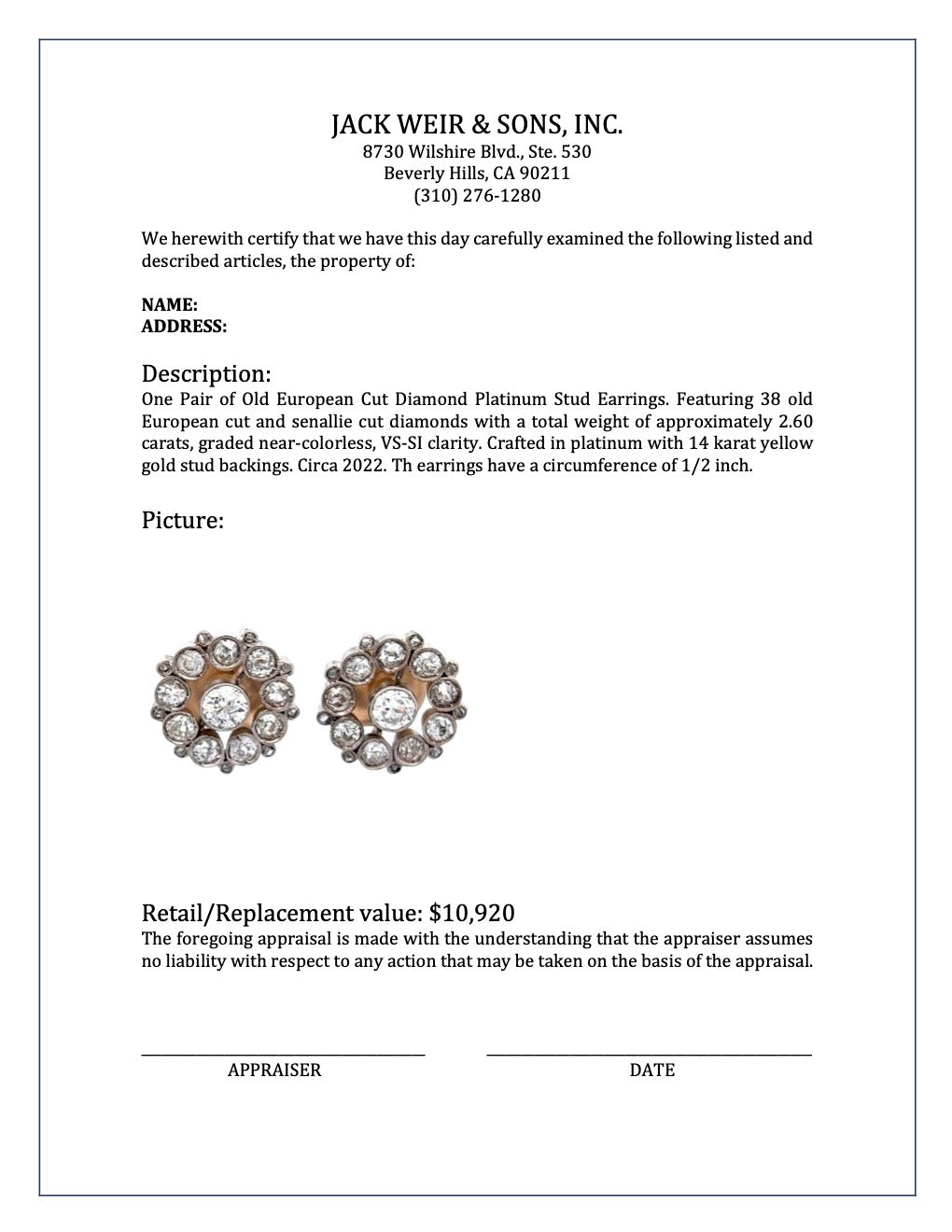 Old European Cut Diamond Platinum Stud Earrings Jewelry Jack Weir & Sons   