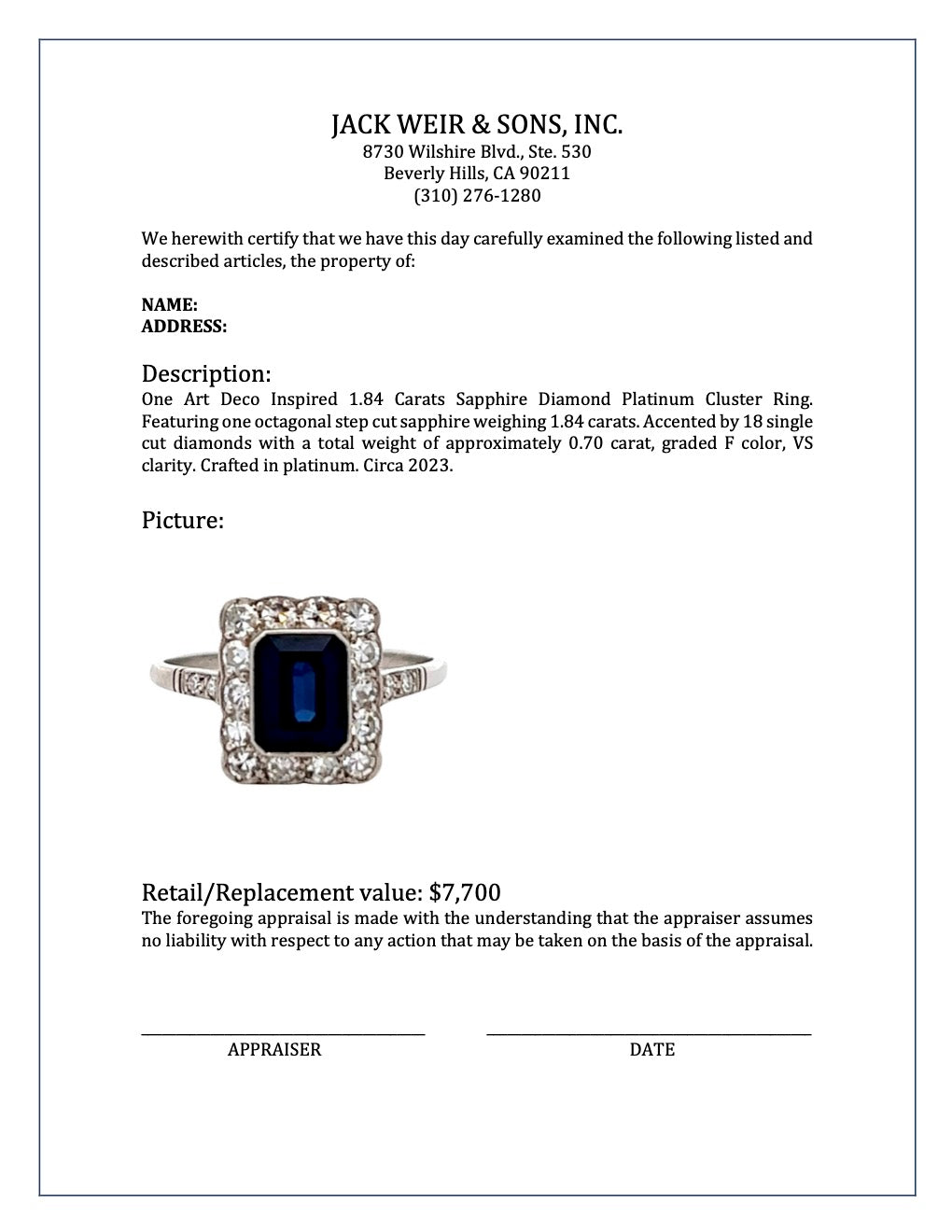 Art Deco Inspired 1.84 Carats Sapphire Diamond Platinum Cluster Ring Jewelry Jack Weir & Sons   