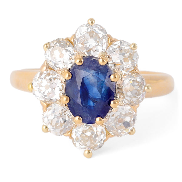 Edwardian GIA 1.41 Carats Kashmir No Heat Sapphire Diamond 18k Gold Cluster Ring Jewelry Jack Weir & Sons   