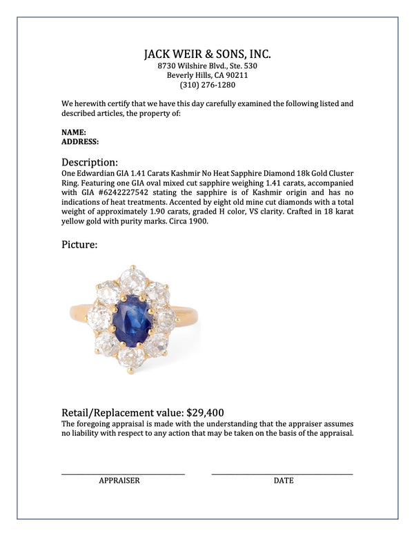 Edwardian GIA 1.41 Carats Kashmir No Heat Sapphire Diamond 18k Gold Cluster Ring Rings Jack Weir & Sons   