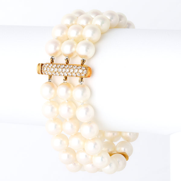 Vintage Pearl Diamond 18k Yellow Gold Three Strand Bracelet Jewelry Jack Weir & Sons   