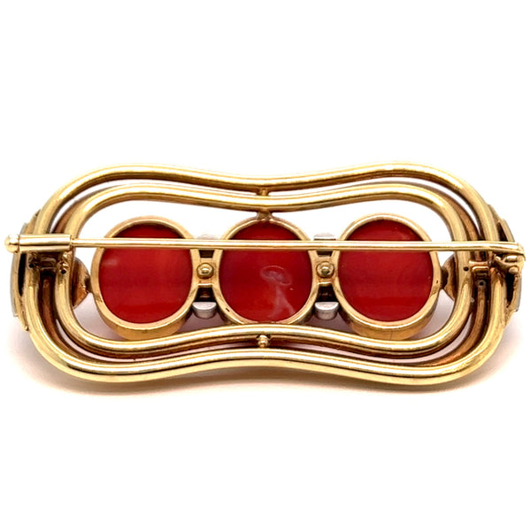 Vintage Oxblood Coral Diamond 14 Karat Yellow Gold Brooch Brooches Jack Weir & Sons   