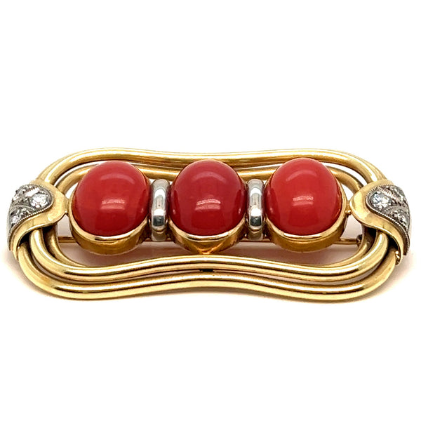 Vintage Oxblood Coral Diamond 14 Karat Yellow Gold Brooch Brooches Jack Weir & Sons   