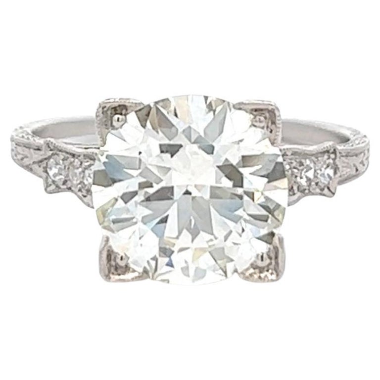 Bague en platine avec diamant rond taille brillant GIA d'inspiration Art déco de 3,50 carats