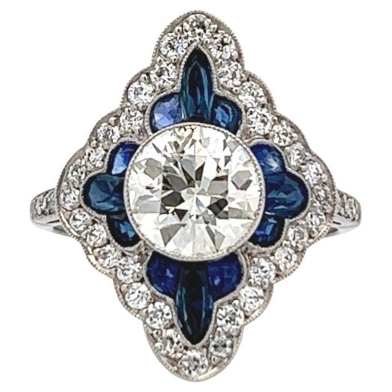 Bague en platine et saphir diamant taille transitionnelle d'inspiration Art déco de 1,53 carats