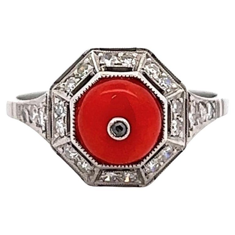 Art Deco Inspired Coral Diamond Platinum Ring Jewelry Jack Weir & Sons   